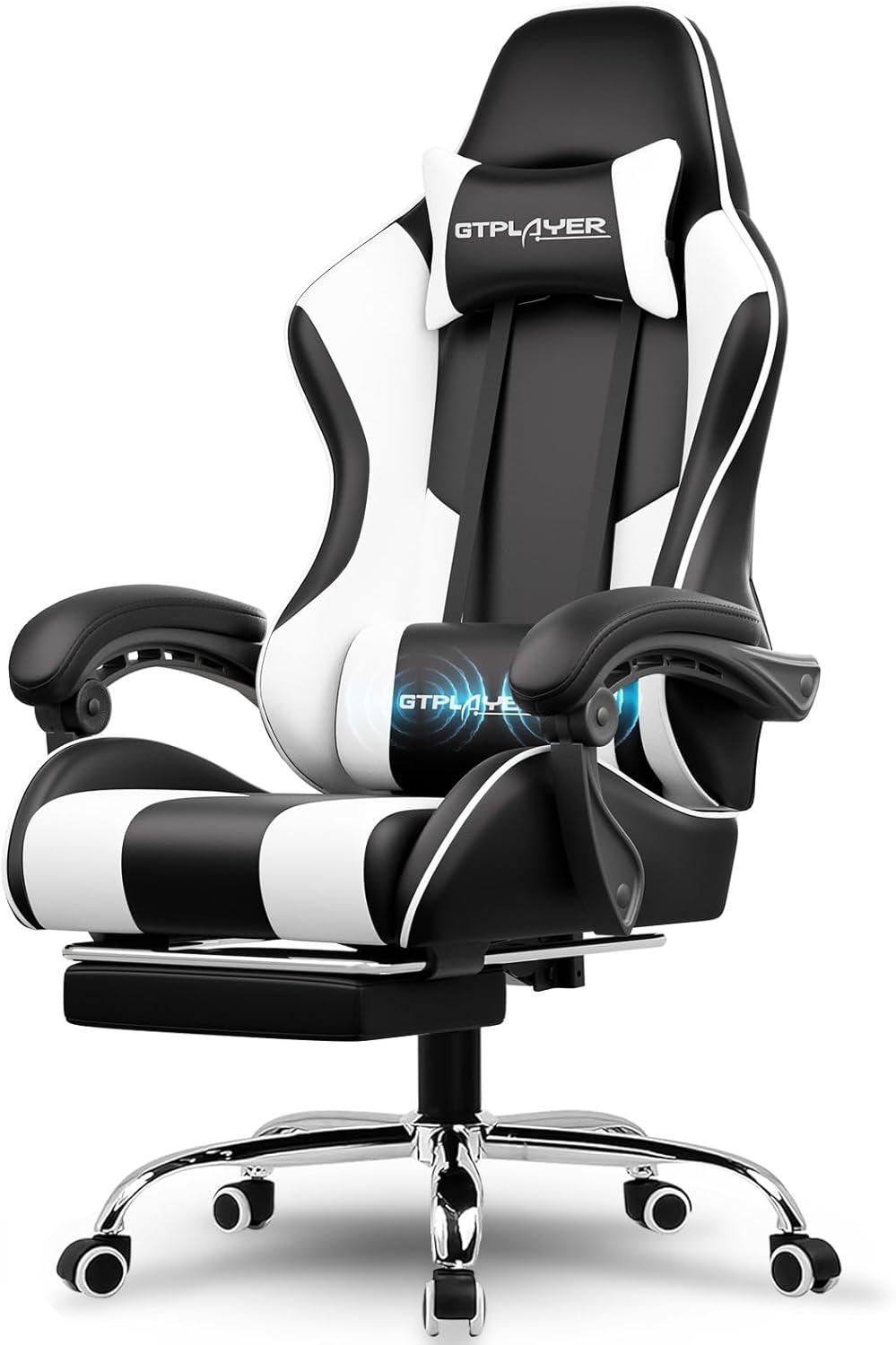LUCKRACER Gaming Chair with Footrest, Massage Computer Chairs for Adults, Ergonomic High Back Support Height Adjustable Heavy Duty PC Chair(Faux Leather, White)
