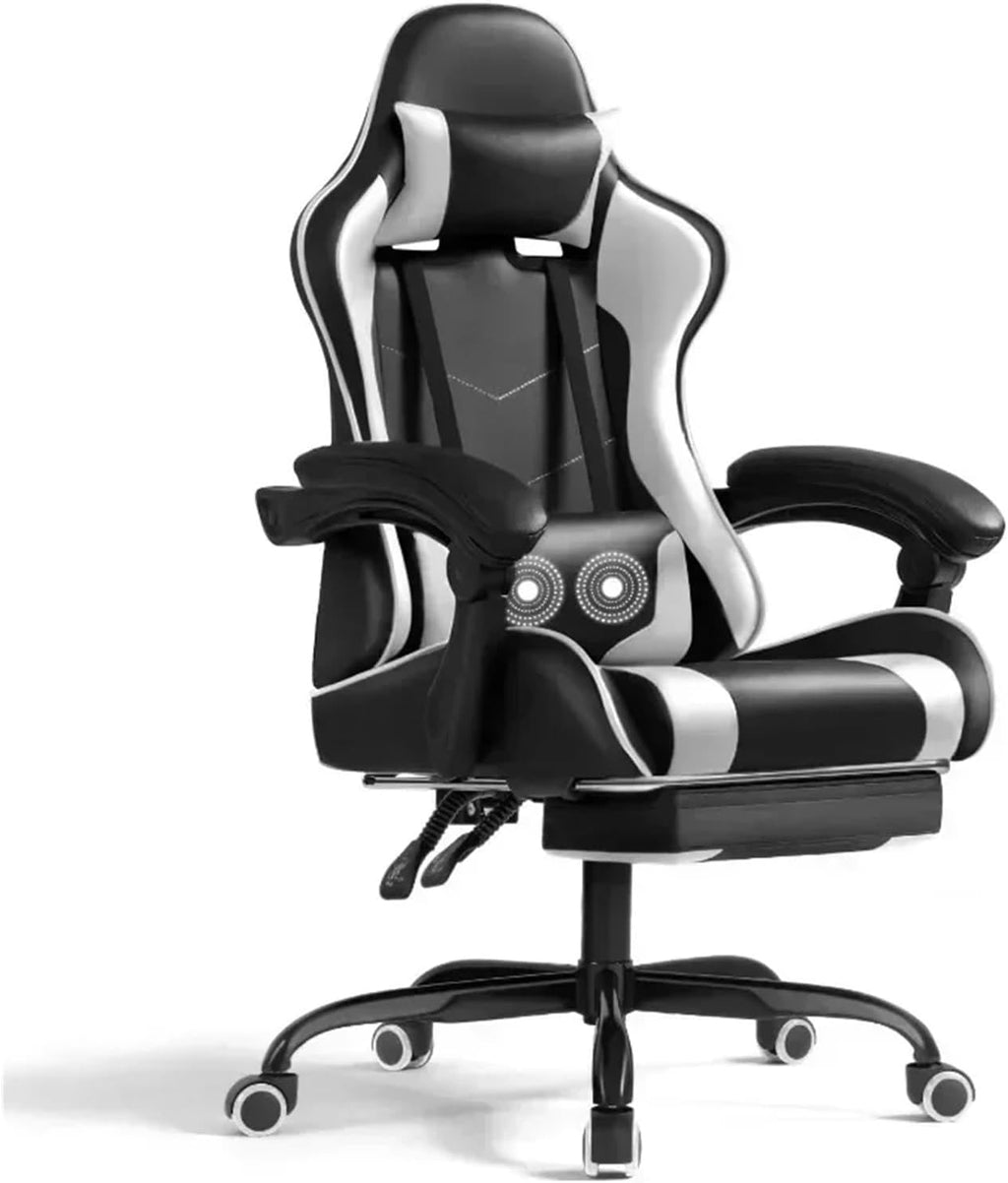 Leather Gaming Chair Massage Ergonomic Gamer Chair Height Adjustable Computer Chair with Footrest & Lumbar Support