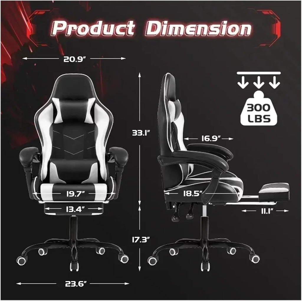 Leather Gaming Chair Massage Ergonomic Gamer Chair Height Adjustable Computer Chair with Footrest & Lumbar Support