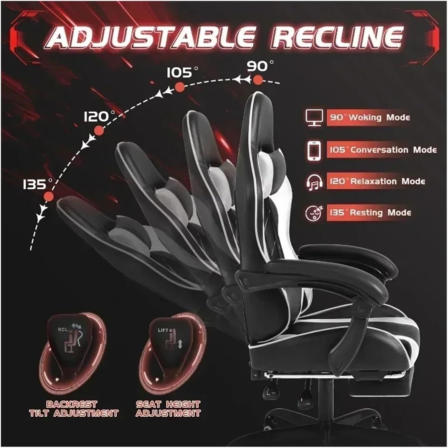 Leather Gaming Chair Massage Ergonomic Gamer Chair Height Adjustable Computer Chair with Footrest & Lumbar Support