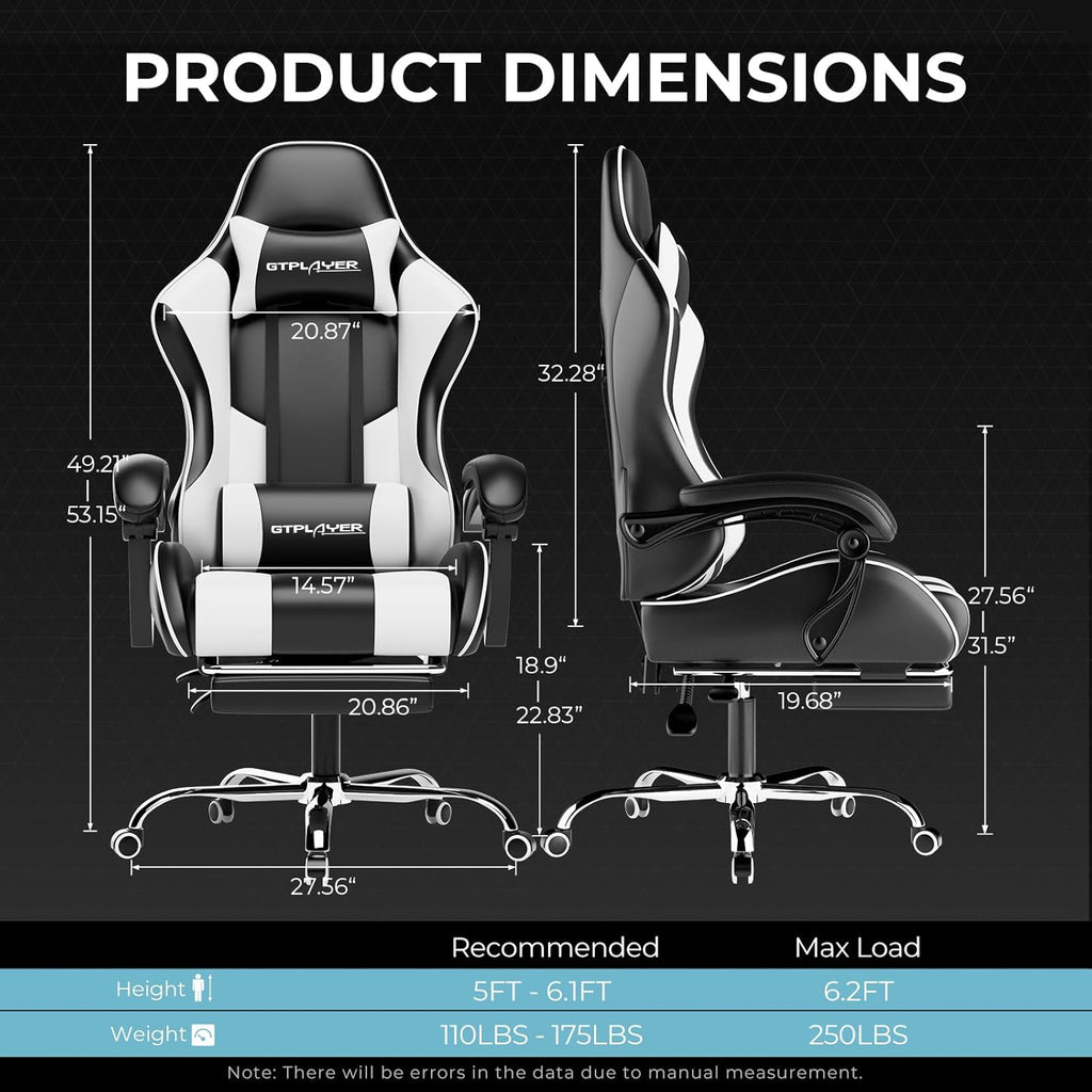 LUCKRACER Gaming Chair with Footrest, Massage Computer Chairs for Adults, Ergonomic High Back Support Height Adjustable Heavy Duty PC Chair(Faux Leather, White)