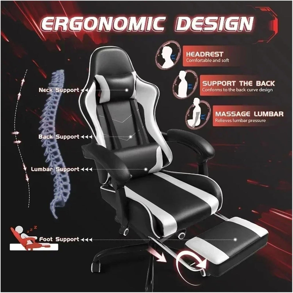 Leather Gaming Chair Massage Ergonomic Gamer Chair Height Adjustable Computer Chair with Footrest & Lumbar Support