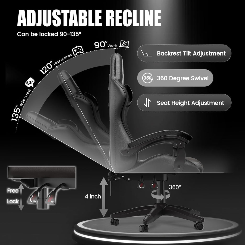 Ergonomic Gaming Chair with Adjustable Height, Reclining Feature, Headrest, and Lumbar Support for Adults (Basics, Pure Black)