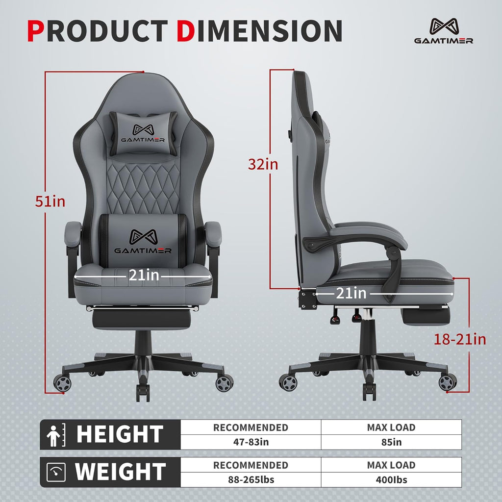 Gaming Chair with Footrest, Ergonomic Computer Chair, PU Breathable Material with Headrest and Lumbar Support, Suitable for Silla Gamer and Adults (GREY)
