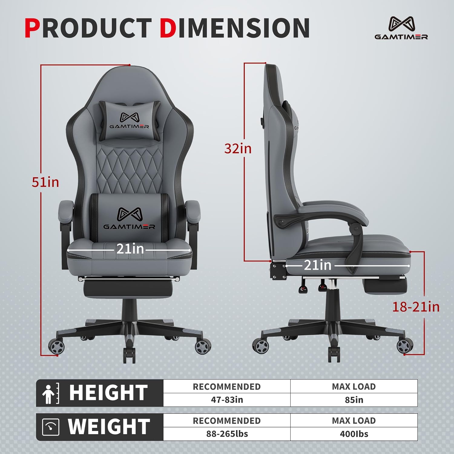 Gaming Chair with Footrest, Ergonomic Computer Chair, PU Breathable Material with Headrest and Lumbar Support, Suitable for Silla Gamer and Adults (GREY)