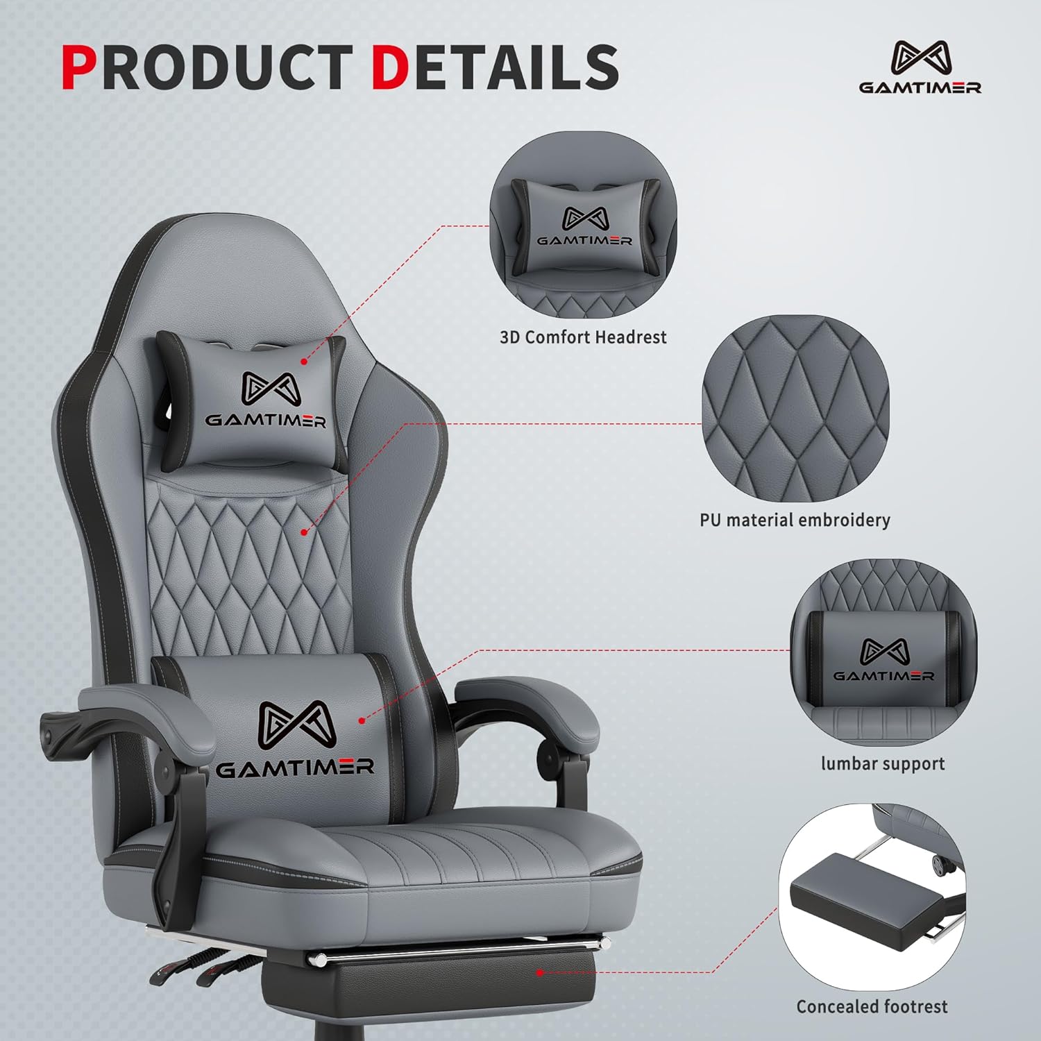 Gaming Chair with Footrest, Ergonomic Computer Chair, PU Breathable Material with Headrest and Lumbar Support, Suitable for Silla Gamer and Adults (GREY)